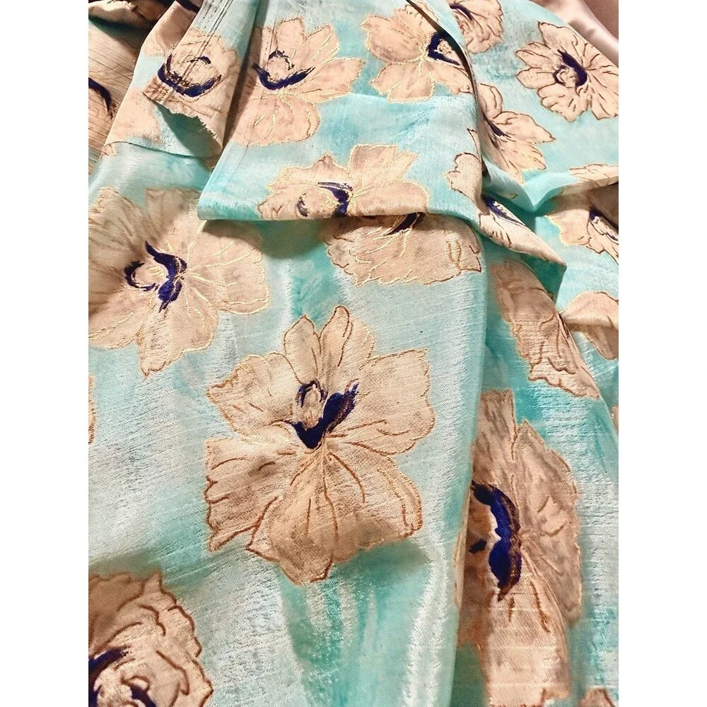5.47 Yds Aqua Peach Metallic Floral Chiffon Fabric 44” Wide Elegant Fabric